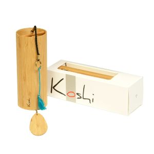 Original Koshi Klangspiel Aqua Wasser aus Bambus mit blauem Logo-Punkt und blauer Quaste, Koshi Wind-Spiel Aqua kaufen München, Original Koshi Windspiel Aqua kaufen Bayern, pentatonisch gestimmtes Koshi Aqua, carillons, wind chime Aqua, Koshi-Sphäre Aqua